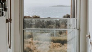 A bathroom with a shower, a glass door leading to a view of the sea, and a towel rack with bottles.