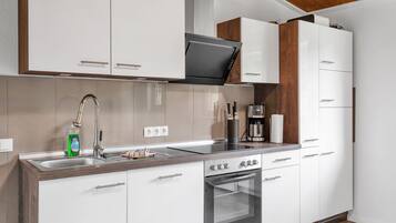 Fridge, oven, dishwasher, cookware/dishes/utensils