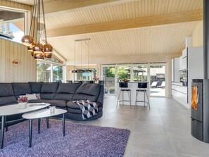 Télévision, cheminée, lecteur de DVD, baby-foot