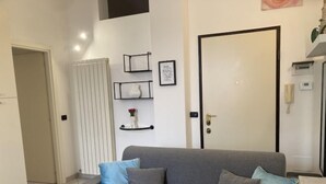 Un salon moderne avec un canapé gris, des coussins bleus et gris, un radiateur blanc et une porte à cadre noir.