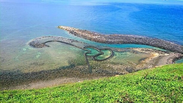 An aerial view of a coastal area with clear water, a rocky shoreline, and green vegetation. - Sunny Day Homestay (Magong)
