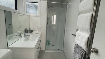 Shower, hair dryer, towels, soap