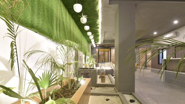Espaço interno moderno com parede verde, plantas em vasos e área de estar com uma fonte pequena.
