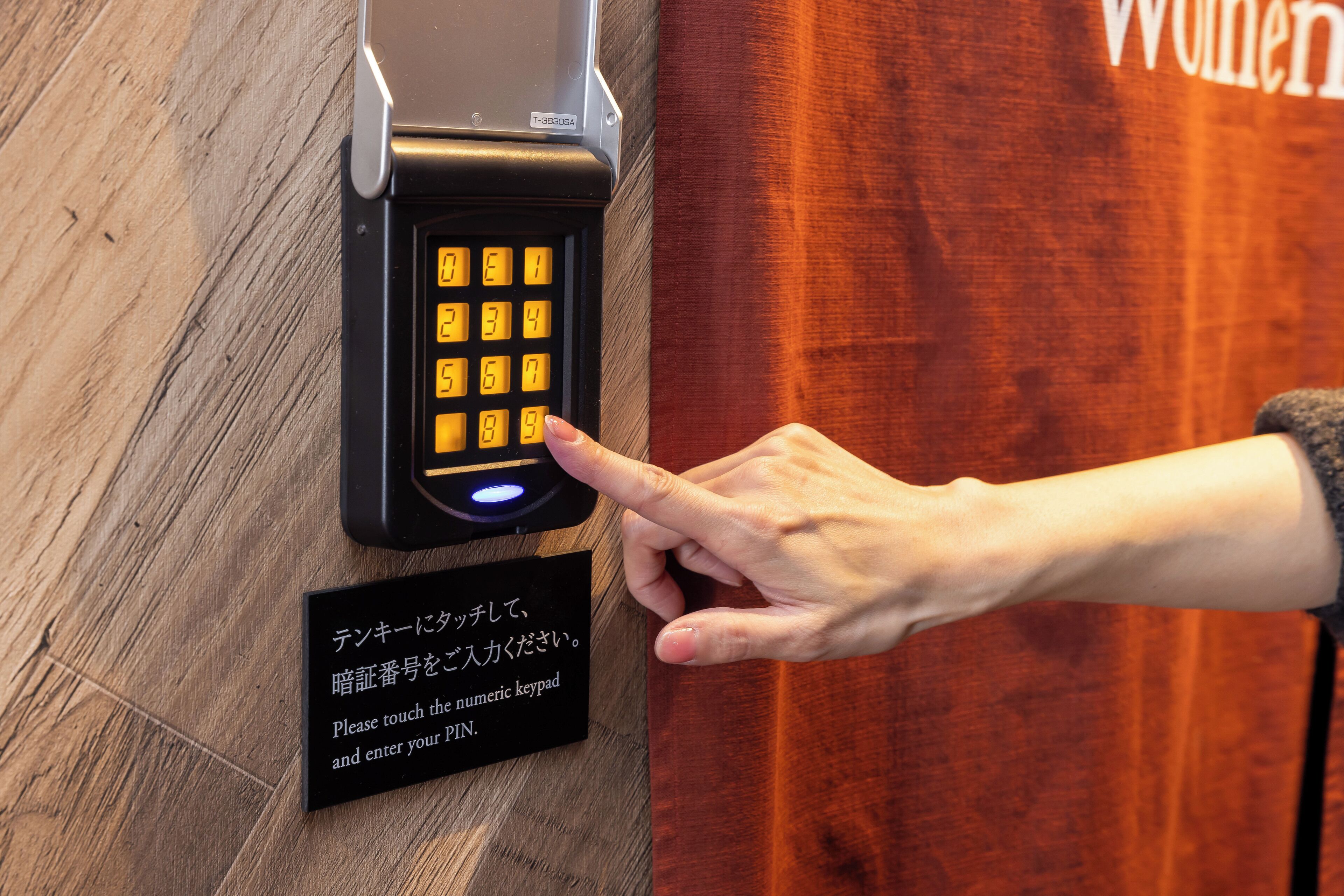 A person using a numeric keypad to enter a PIN on a security device.