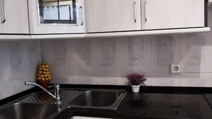 Eine Küche mit zwei Edelstahl-Spülen, weißen Schränken, einer gefliesten Spritzschutzwand und einem Blumentopf.