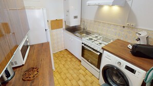 Una cocina compacta con estufa a gas, lavamanos, microondas y lavadora integrada.