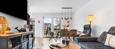 TV, lareira, livros, videoteca