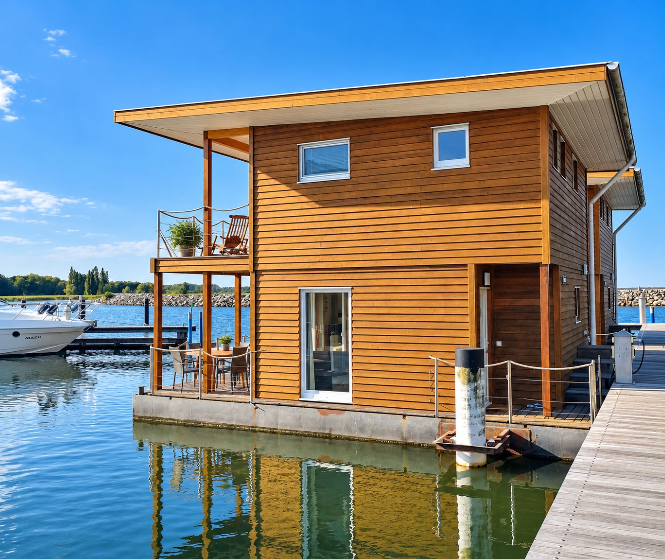Una houseboat de fusta amb una coberta, una petita finestra i una porta.