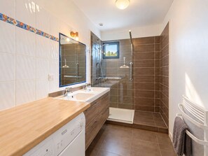 A modern bathroom with a shower, a bathtub, and a vanity with a mirror.