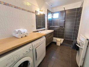 Hair dryer, bidet, towels