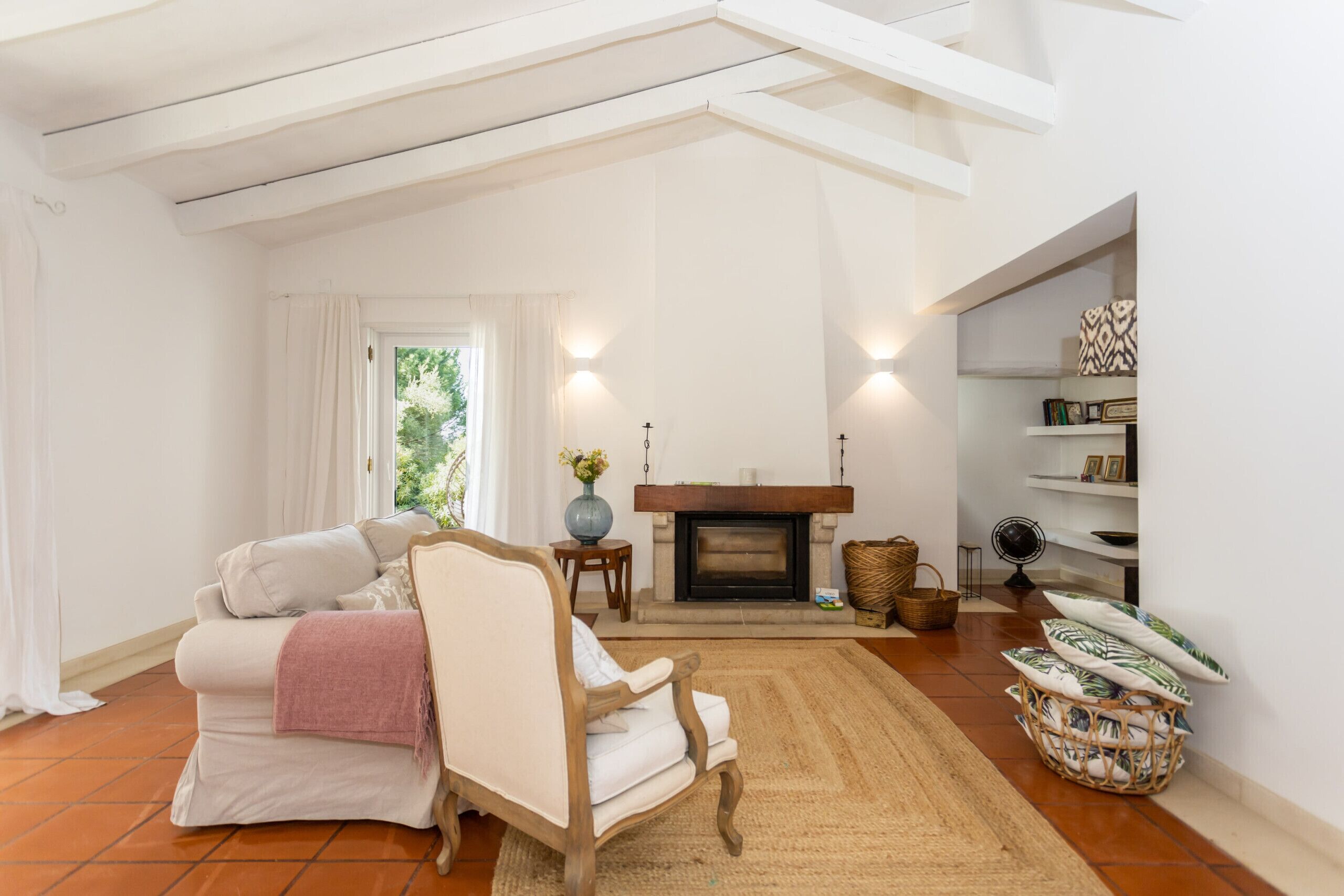 TV, fireplace, books