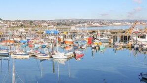 A marina with various boats docked, a crane, and a distant view of a town. - Scillonia (Penzance)