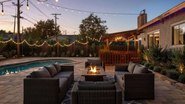 Un patio al aire libre con mobiliario de mimbre, una chimenea y luces colgantes.