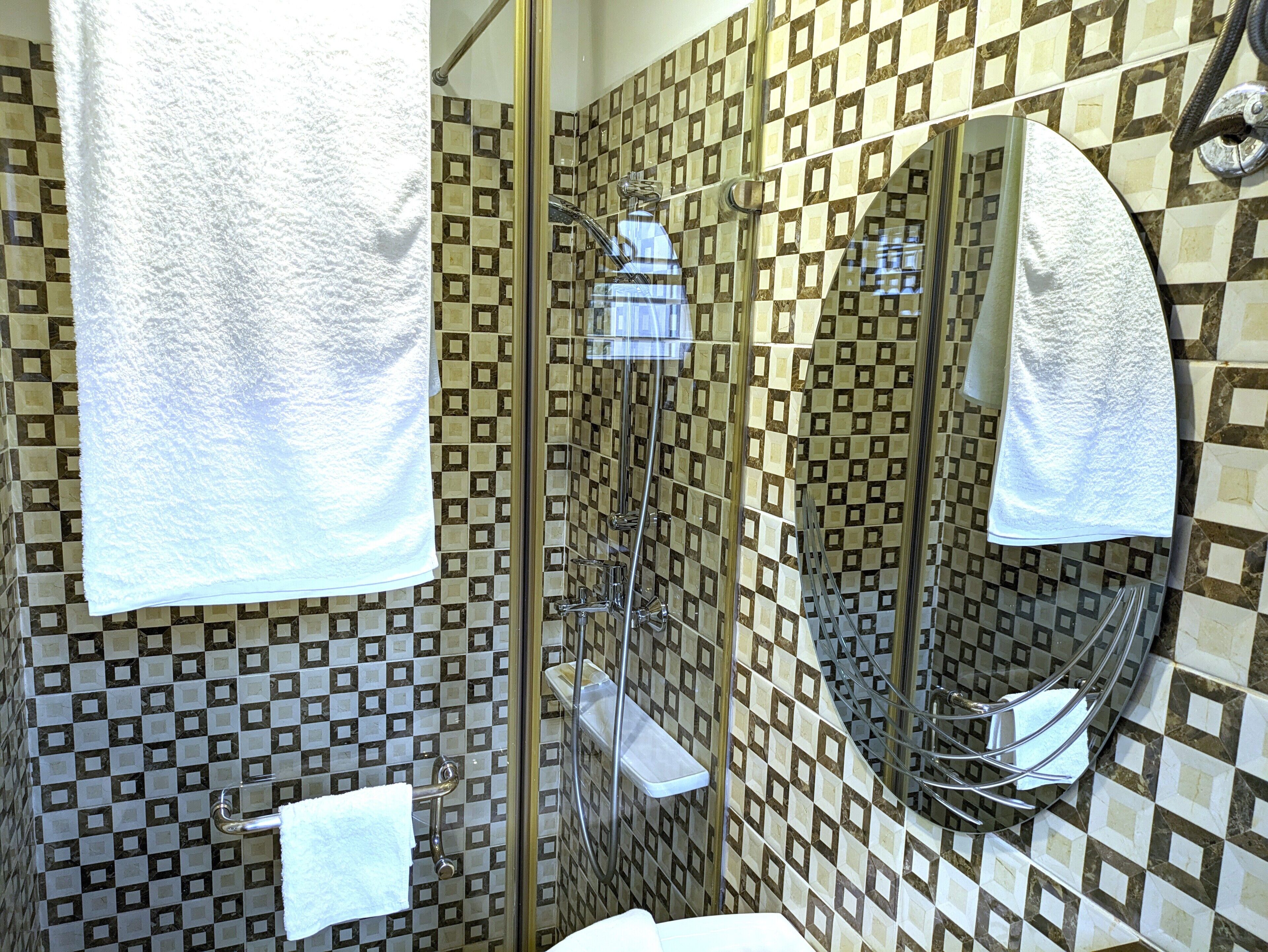 A bathroom with patterned tiles, a glass shower enclosure, and a mirror.