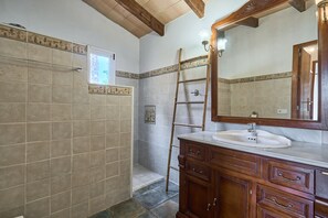 Shower, hair dryer, bidet, towels