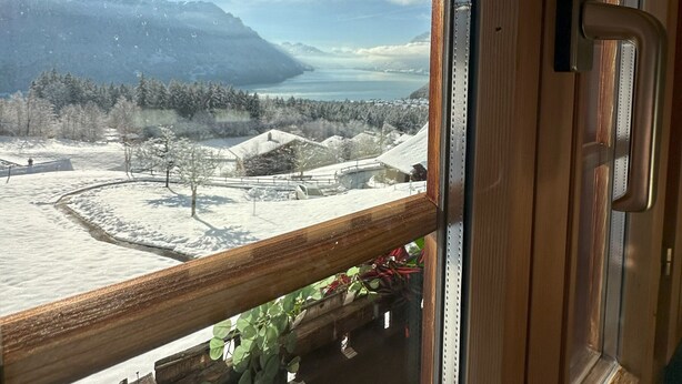 A window view of a snowy landscape with mountains and a clear sky. - Wohnung Lake View (Schwanden bei Brienz)