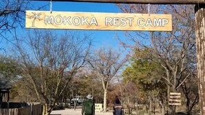 Señal de Mokoka Rest Camp, con cielo despejado y árboles al fondo.