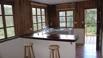 Fridge, stovetop, coffee/tea maker, blender