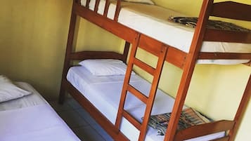 A bunk bed with two levels, each with a mattress and pillows.