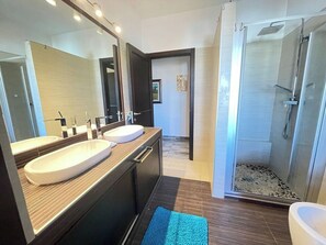 Shower, hair dryer, bidet, towels