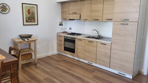 A compact kitchen with wooden cabinets, a gas stove, and a sink.