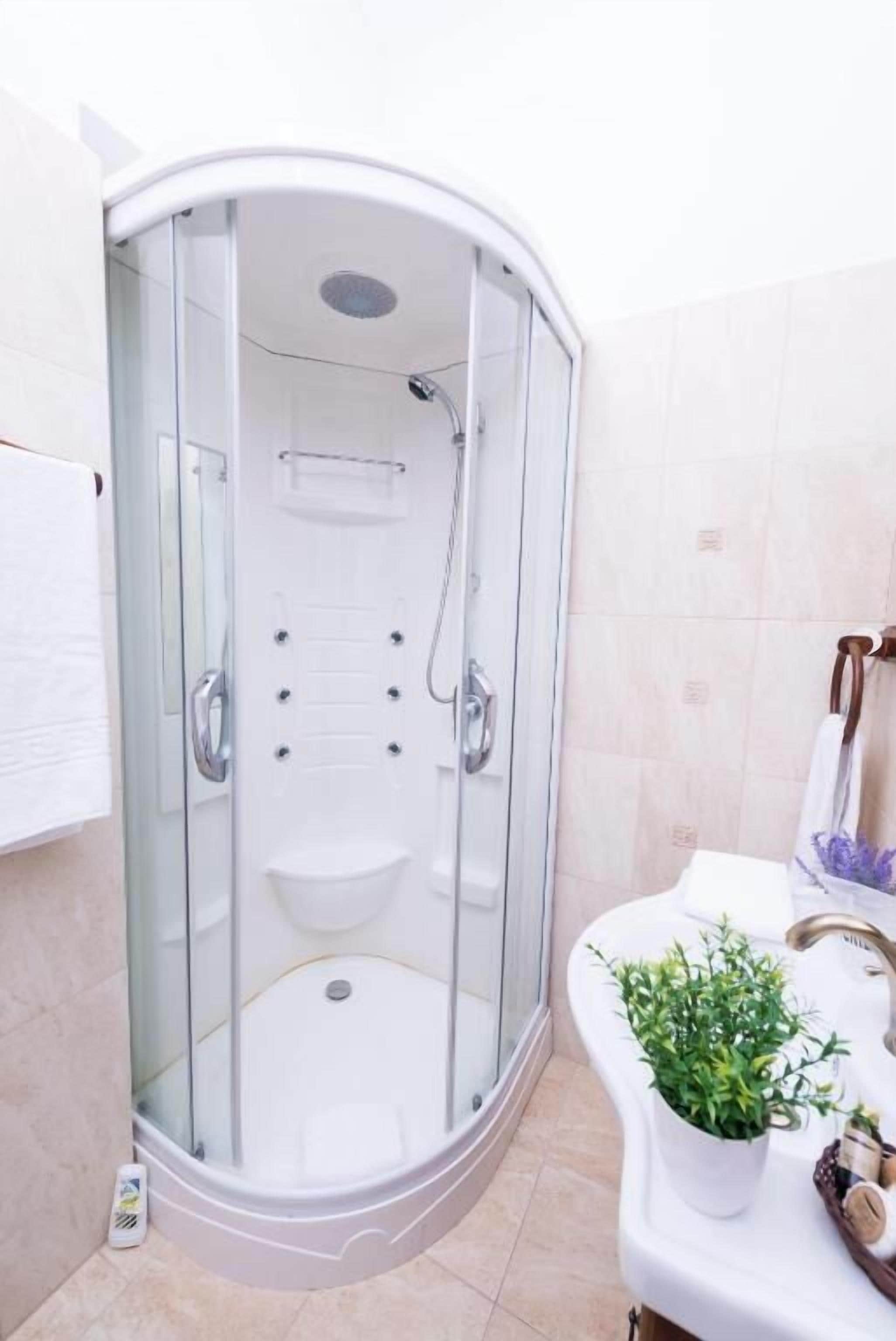A modern bathroom with a glass-enclosed shower, a white sink, and a potted plant.