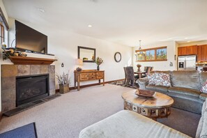 TV, fireplace, table football