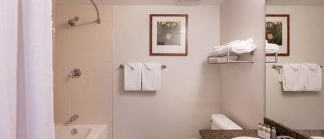 Un baño con bañera, inodoro y lavabo. Hay toallas colgadas en la pared y un cuadro enmarcado sobre el inodoro.