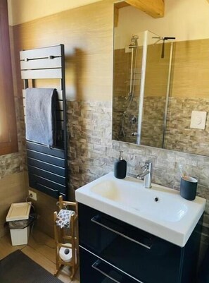 Hair dryer, bidet, towels, soap