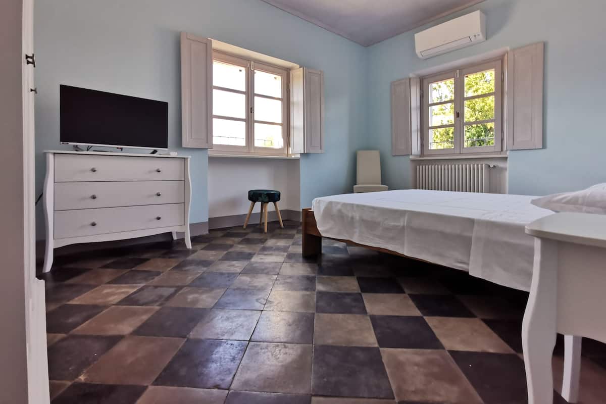 A bedroom with a bed, a dresser, a television, two windows, and a radiator.