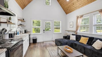 Een ruime woonkamer met een hoge plafond, een keuken met moderne apparatuur en een gezellige zithoek met een donkergrijze bank en kussens.