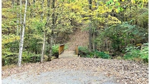 A forested area with a gravel path leading to a wooden bridge. - Raccoon Cabin: Arcade, Kayaks, Inflatables, & More (Guntersville)
