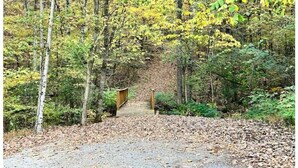 Un área boscosa con un camino de grava que lleva a un puente de madera.