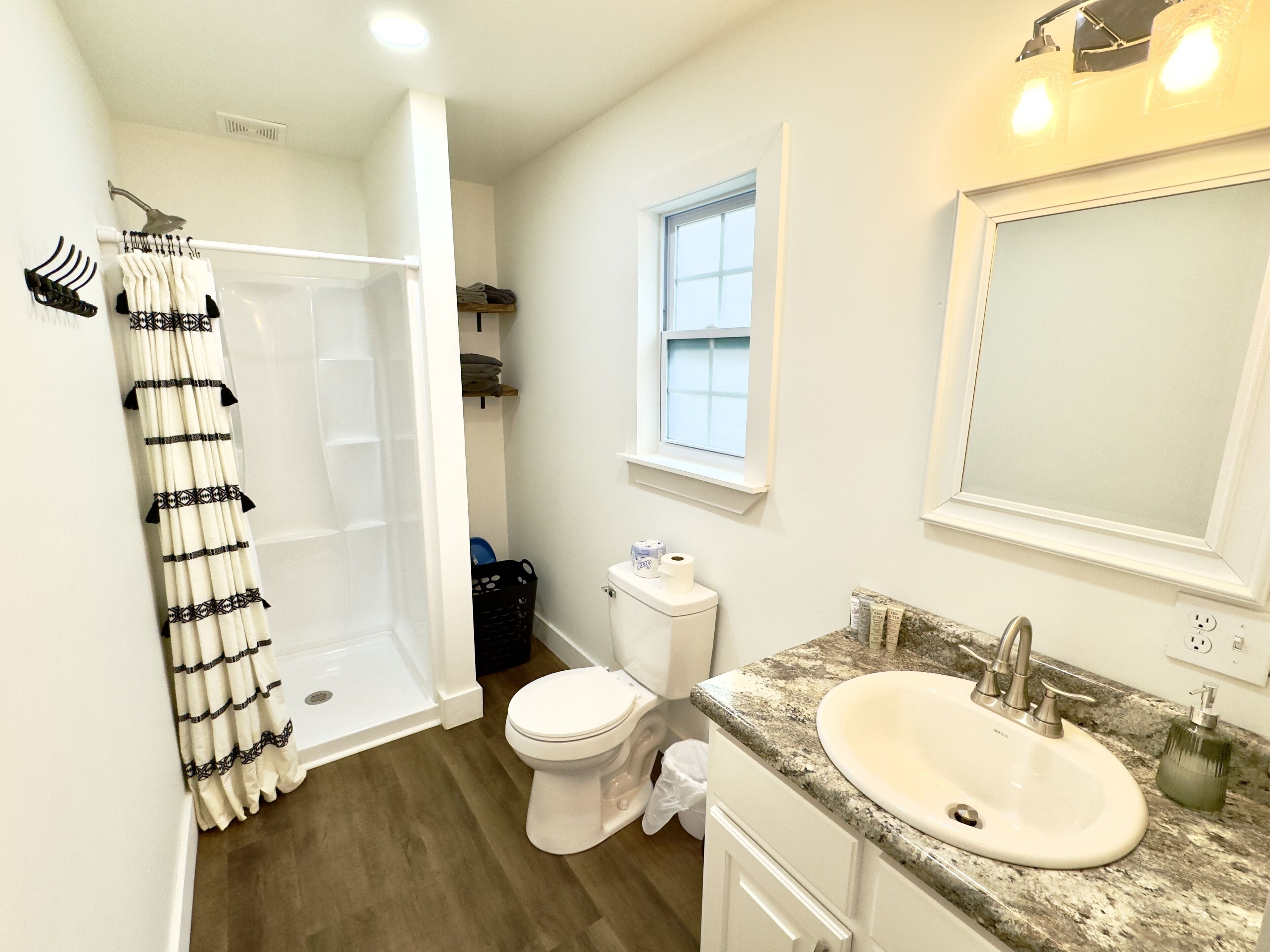Shower, hair dryer, soap, shampoo
