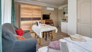 Une pièce compacte comprenant un canapé, une table à manger, un téléviseur et un coin cuisine.