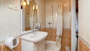 Une salle de bain équipée d’une douche, d’un lavabo, de toilettes et d’un miroir.