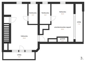 A floor plan with a 22 m² living area, two 3 m² and 4 m² bedrooms, a 10 m² bathroom, a 7 m² balcony, a 10 m² dining area, and a 2 m² garden. - Studio Apartment in Heviz  3 (Hévíz)