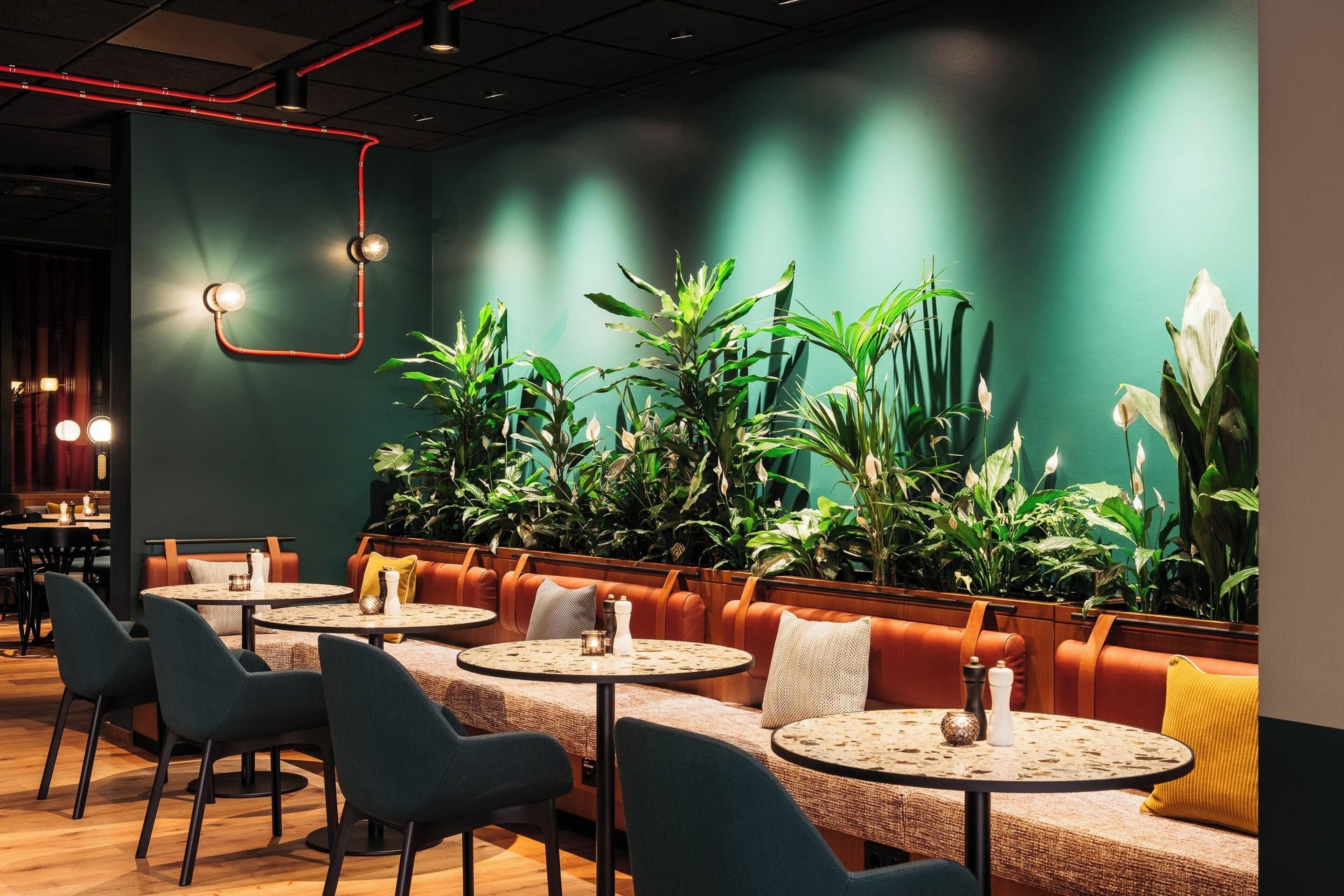 A modern restaurant with round tables, cushioned booths, and a variety of green plants.