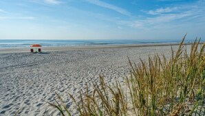 Una playa con arena, algunas sillas y un paraguas.