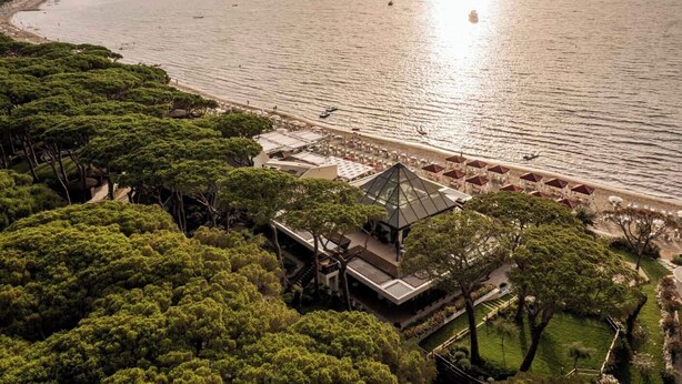 A coastal hotel with a beach view, a modern building with a glass roof, and lush greenery. - Cala Beach Resort (Castiglione della Pescaia)