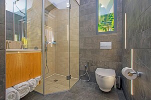 Een moderne badkamer met een douchecabine van glas, een houten wastafelmeubel, een toilet en een toiletrolhouder bevestigd aan de muur.