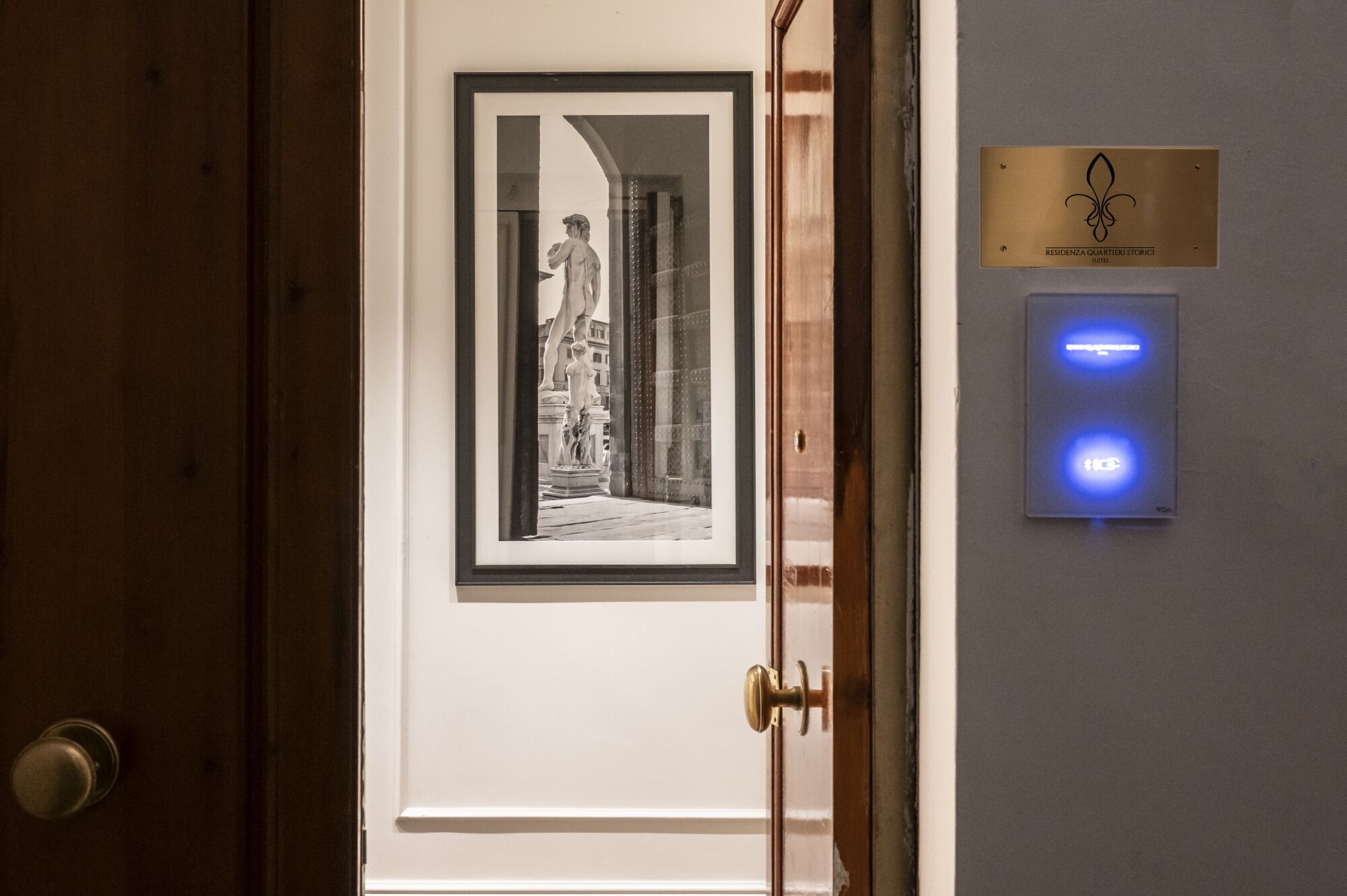 A door with a framed black and white photograph of a statue, a brass plaque with a fleur-de-lis symbol, and a blue illuminated control panel.