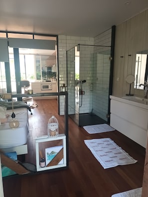 A modern bathroom with a glass shower enclosure, a white sink, and a large mirror. - Cocon Beach House, Charmant apt Très Bien Équipée Accès Direct à sa Plage Privée (Saint Martin)