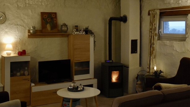 A cozy living room with a fireplace, a television, and a comfortable sofa. - Room in Studio - Enchanting Escapade in Krsuli (Sveti Lovrec)