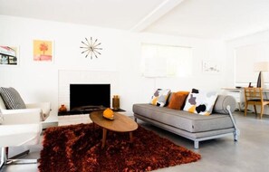 Cozy living space with a fireplace, sofa, and dining area.
