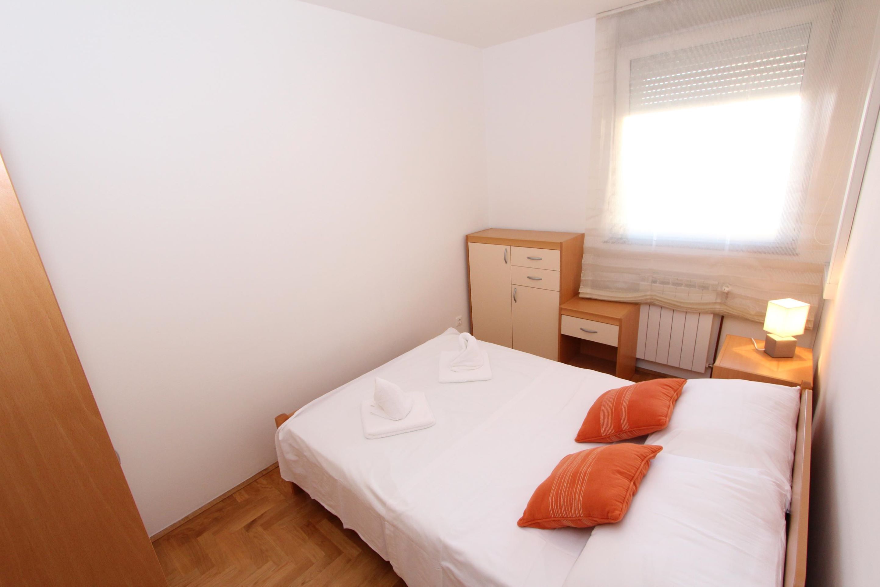 A small, clean room with a bed, a nightstand, a desk, and a window with blinds.