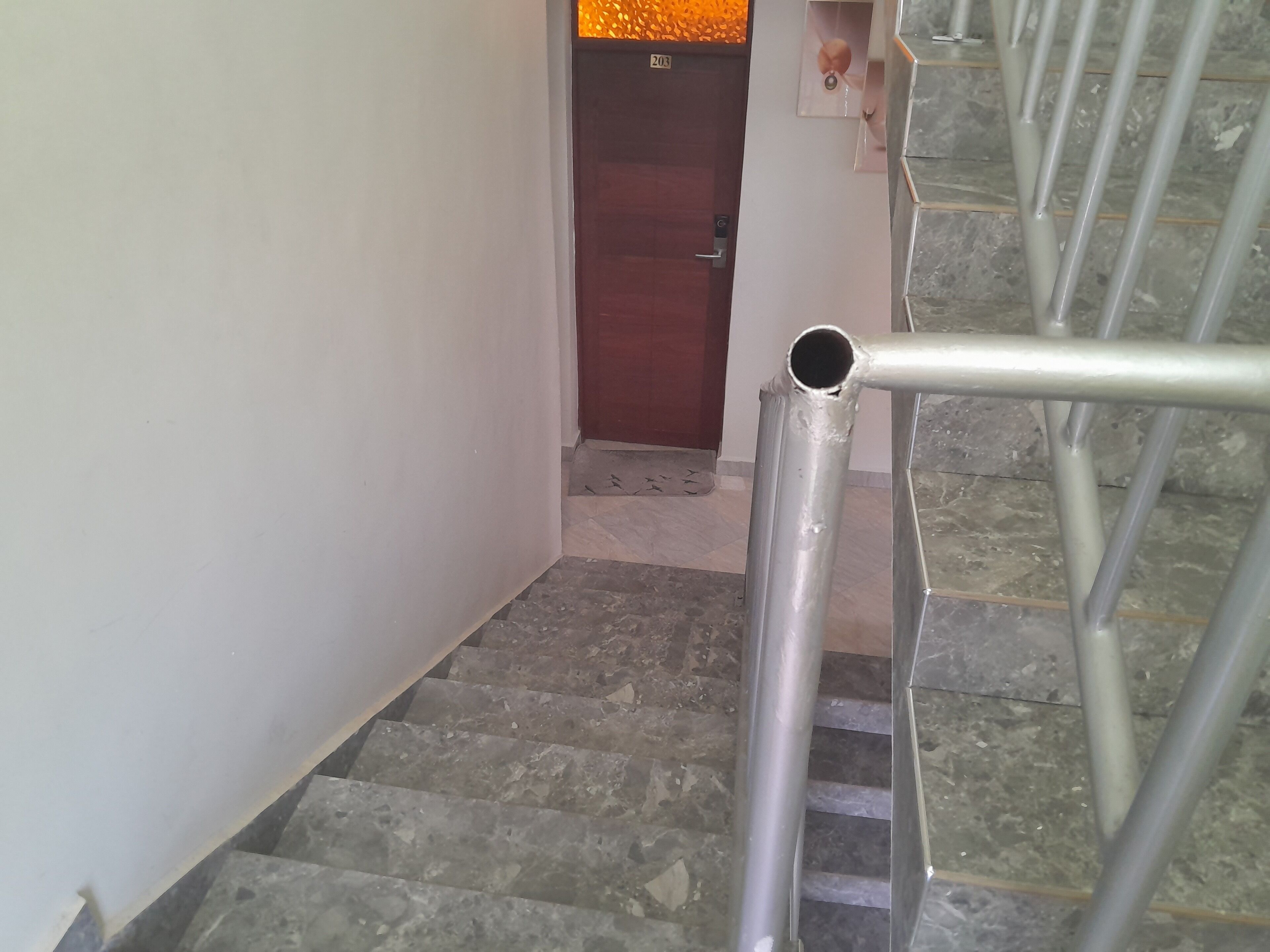 Una escalera con barandillas de metal y una puerta de madera en la parte superior.
