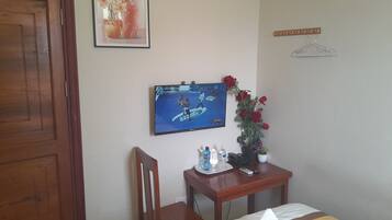 A hotel room with a bed, a desk with a TV, a chair, a small table with a vase of flowers, and a wall-mounted hanger.