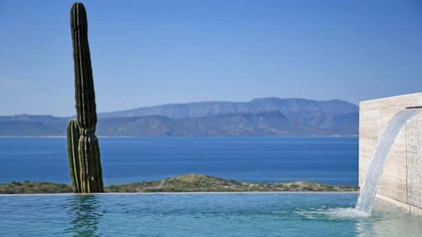 Una piscina infinita con un cactus y una cascada, con vistas a un cuerpo de agua y montañas lejanas.