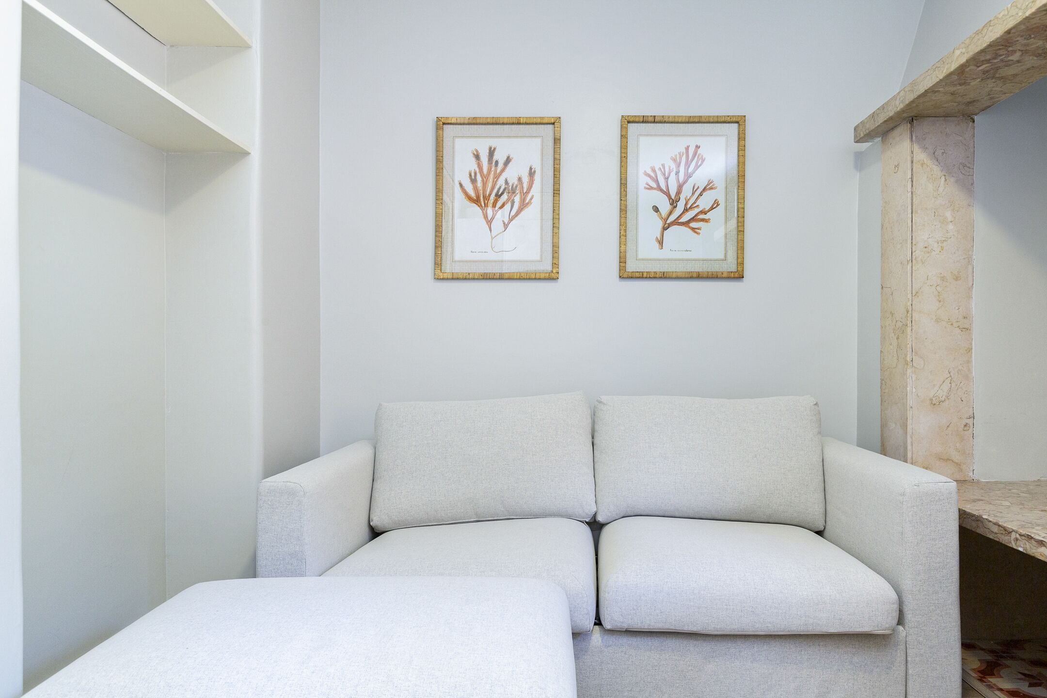 Un salon moderne avec un canapé et un pouf, une colonne en bois et deux reproductions botaniques encadrées accrochées au mur.